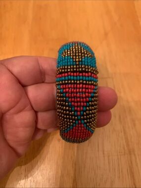 Turquoise Red Gold Seed-Bead Cuff Bracelet